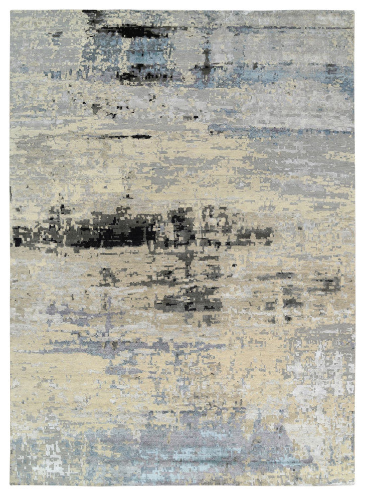 Gray Wool and Silk Hand Knotted Modern Abstract Design Oversized Rug 12'0"x17'9"