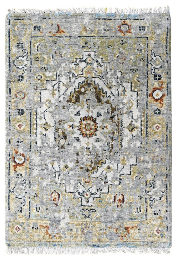Smoky White Broken And Erased Heris Design Wool Mat Oriental Rug, 2'x3'