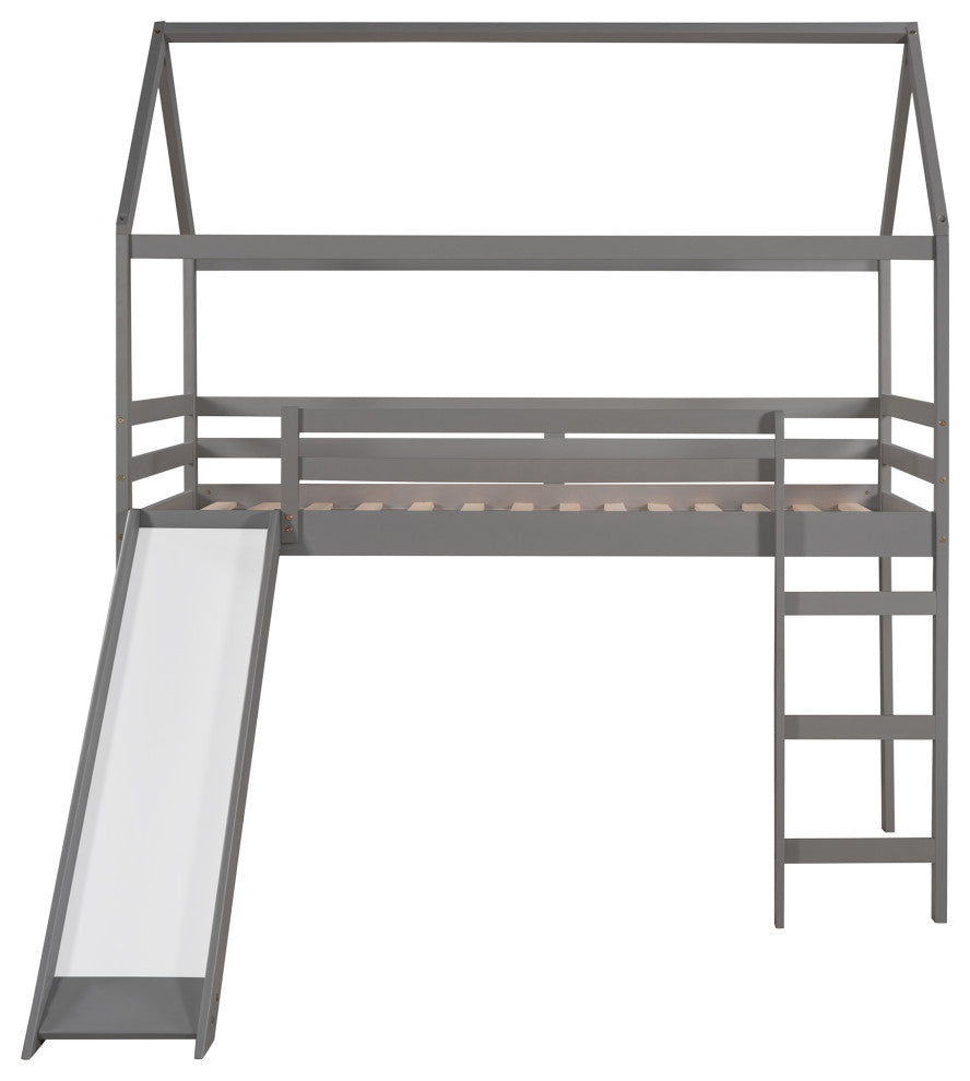 Gewnee Twin Loft Bed with Slide, House Bed with Ladder in Gray