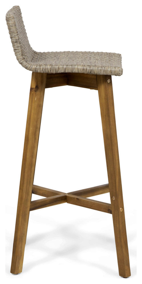 Jessie Outdoor Wood and Wicker Barstool, Set of 4, Light Brown, Teak Finish