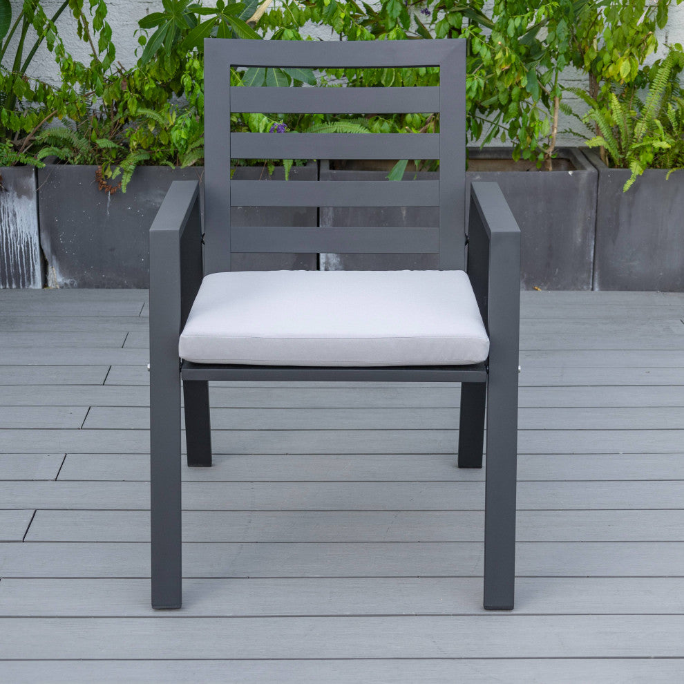 LeisureMod Chelsea Modern 7-Piece Outdoor Dining Set, Black Aluminum, Light Gray
