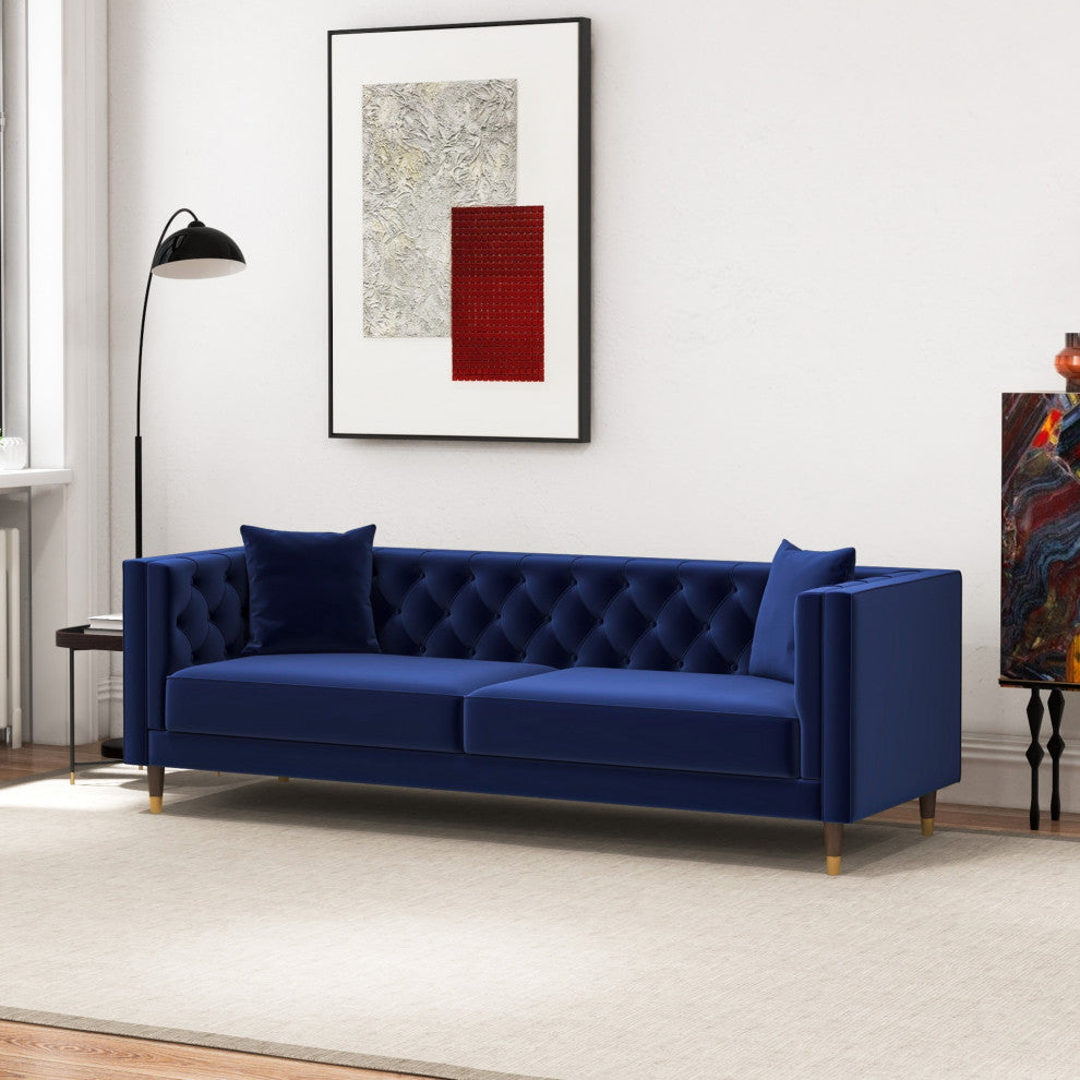 Lewis Mid-Century Modern Luxury Tufted Velvet Sofa, Dark Blue
