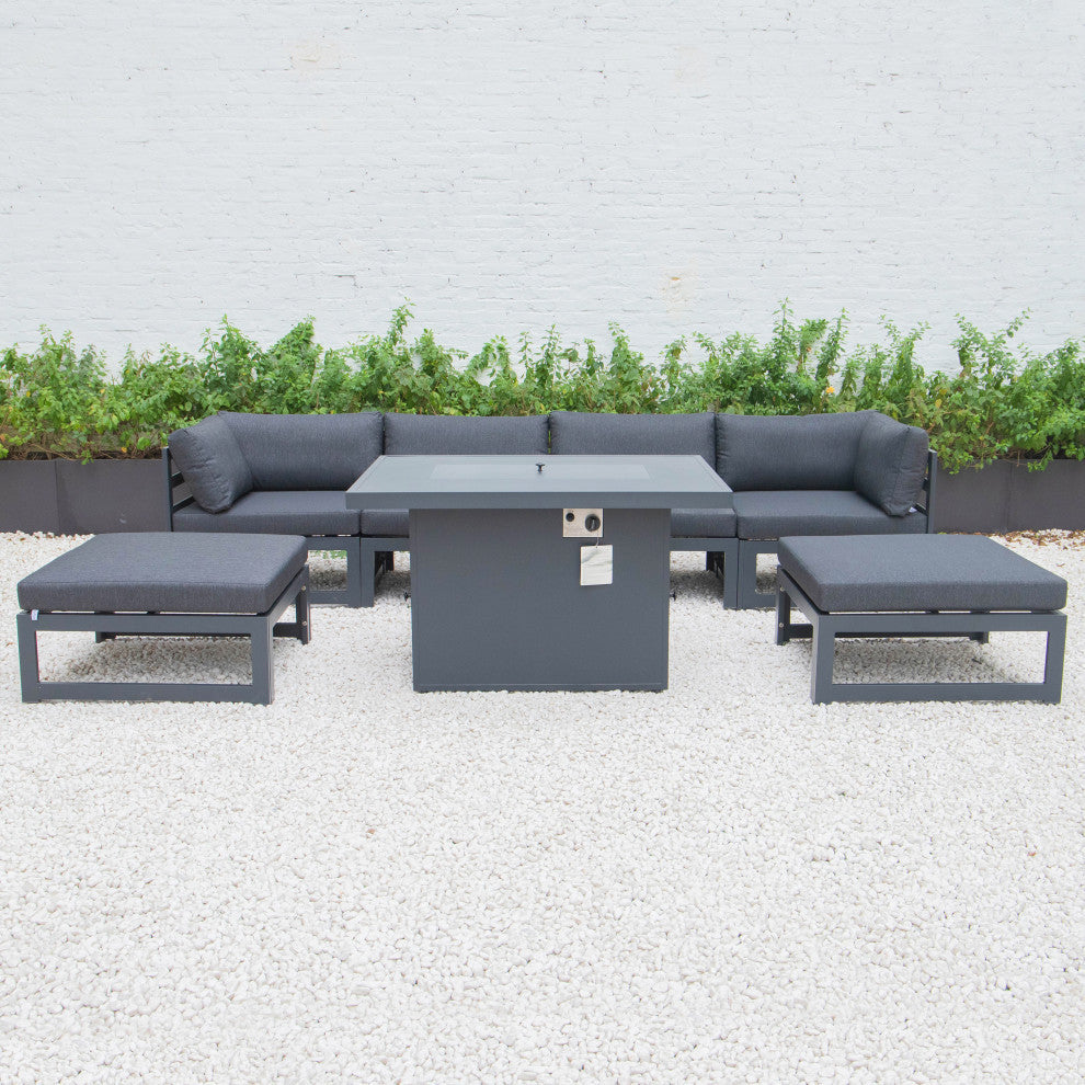 LeisureMod Chelsea 7-Piece Outdoor Sectional With Fire Pit Table, Black