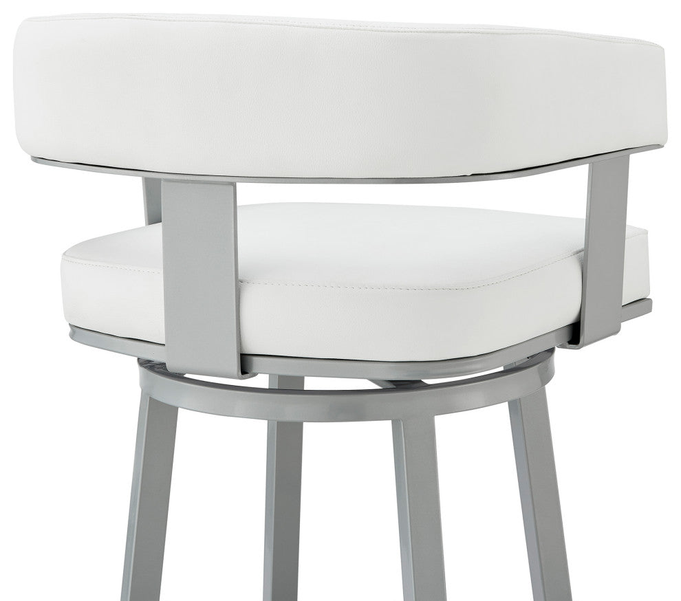 Lorin Counter Height Swivel Bar Stool, Black Finish and Black Faux Leather, Silver/White, Counter Height