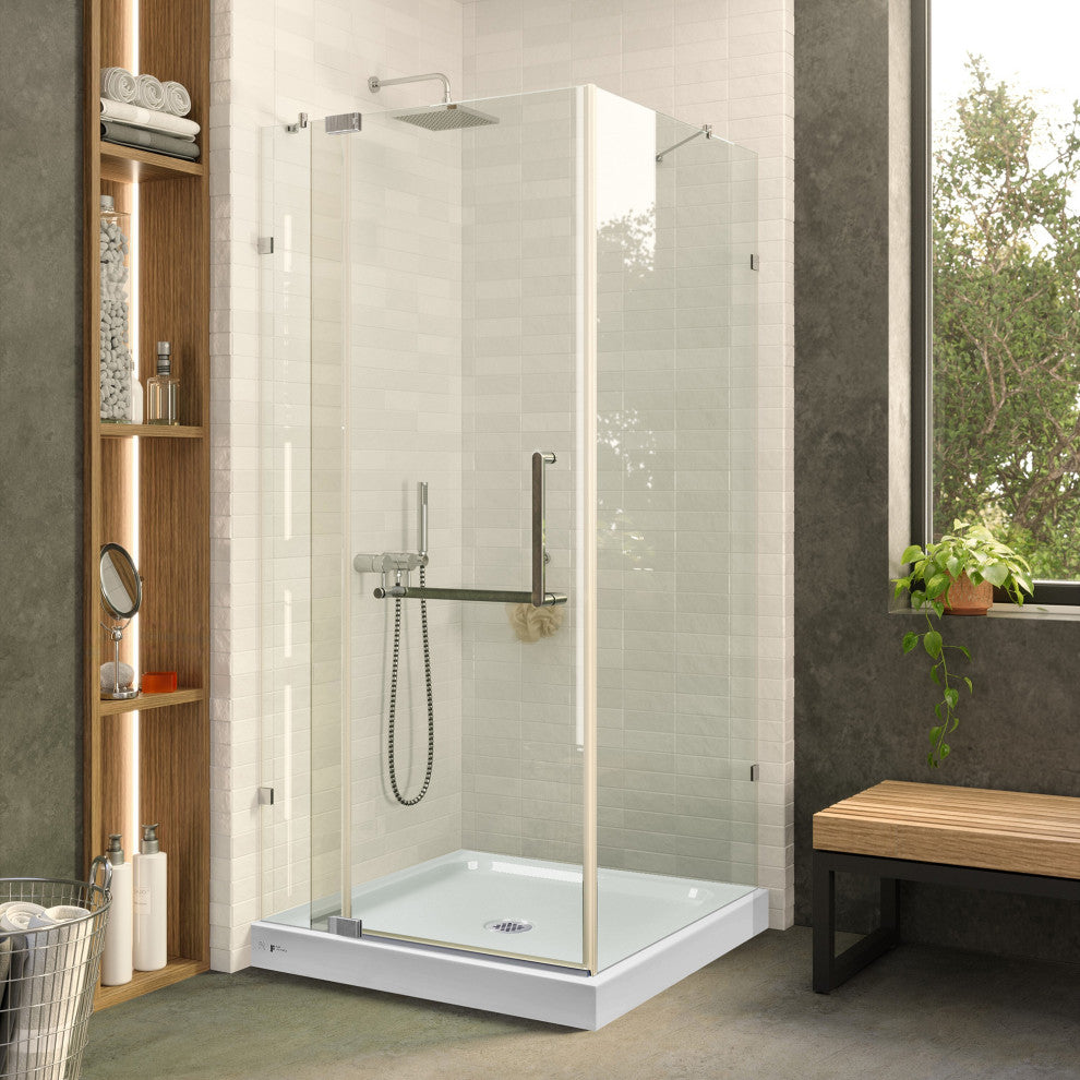 Shower Enclosure Hinged Frameless Tempered Glass, Polished Chrome, 32"