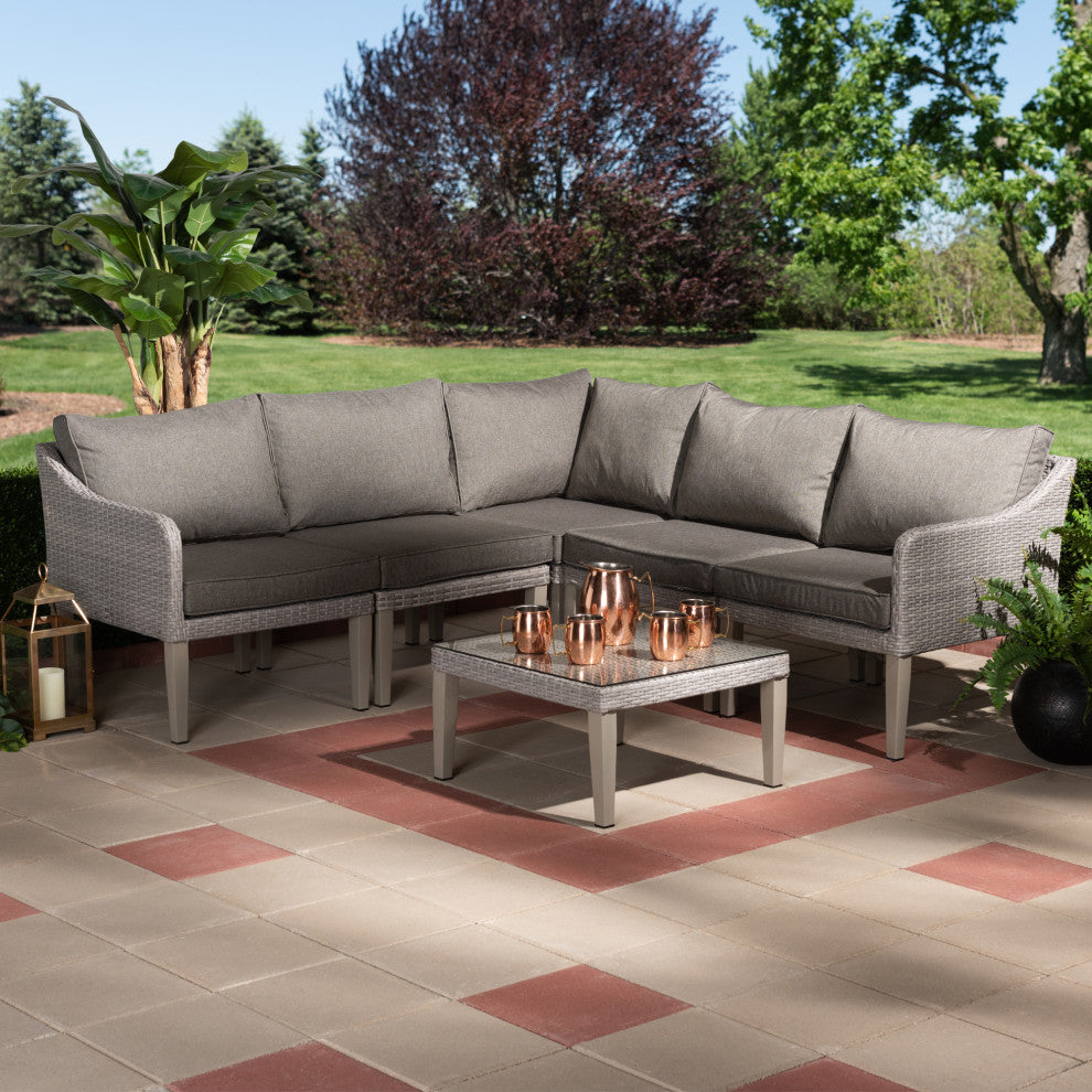 Breida Dark Grey Fabric and Light Grey 6-Piece Woven Rattan Outdoor Pa