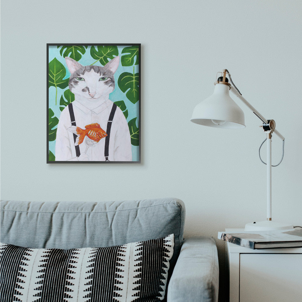 Cat Goldfish Dinner Funny Animal Portrait Painting, 24"x30"