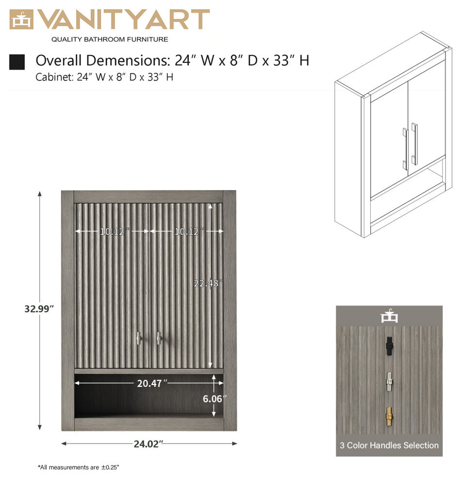 Vanity Art 24" Wall Mounted Bathroom Storage Cabinet, Linear Driftwood Gray, Matte Black Handle