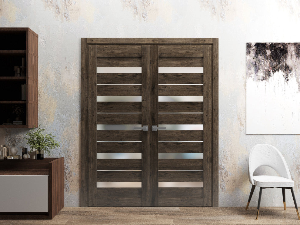 Interior French Double Doors Frosted Glass|Quadro 4445 Cognac Oak -48x80