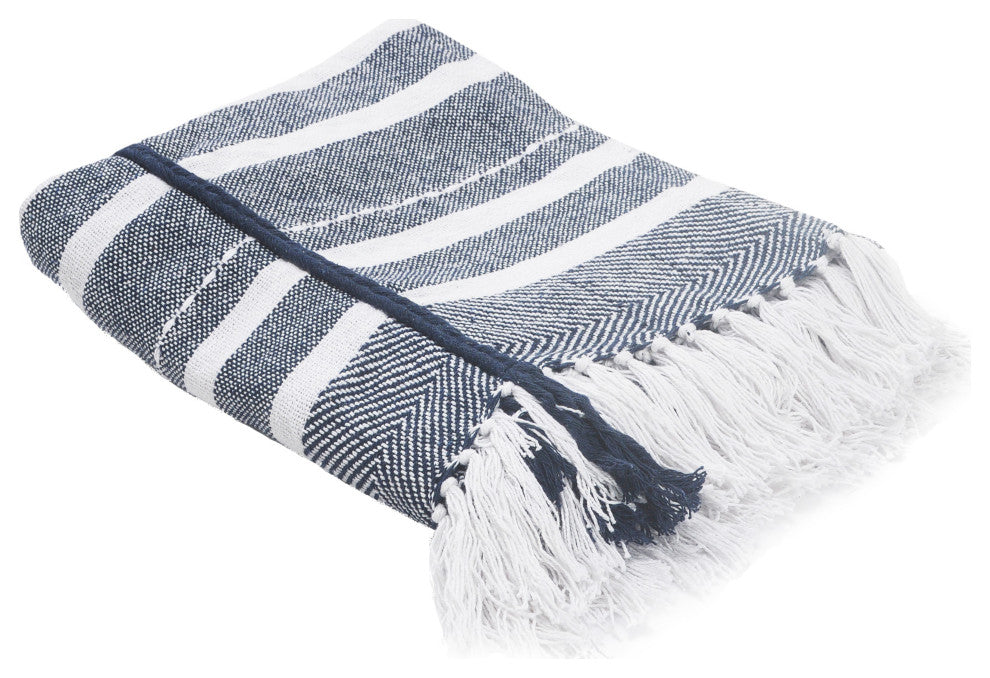 Horizontal Striped and Textured Throw Blanket with Fringe