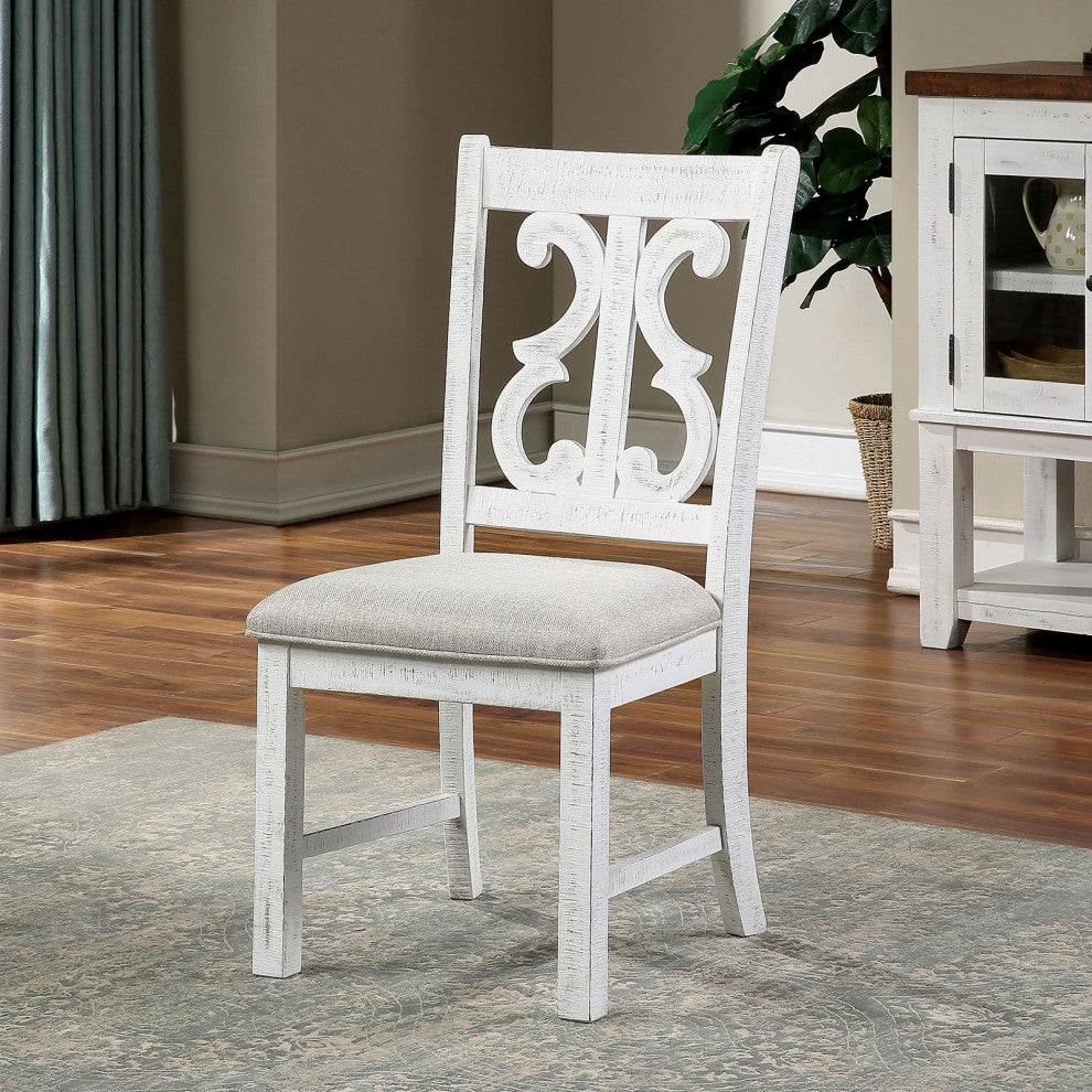 Fabric And Wooden Side Chair Of 2 with Backrest, Distressed White