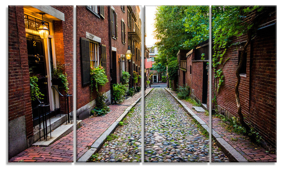 Acorn Street Massachusetts, Landscape Canvas Art Print, 48"x28", 4 Panels