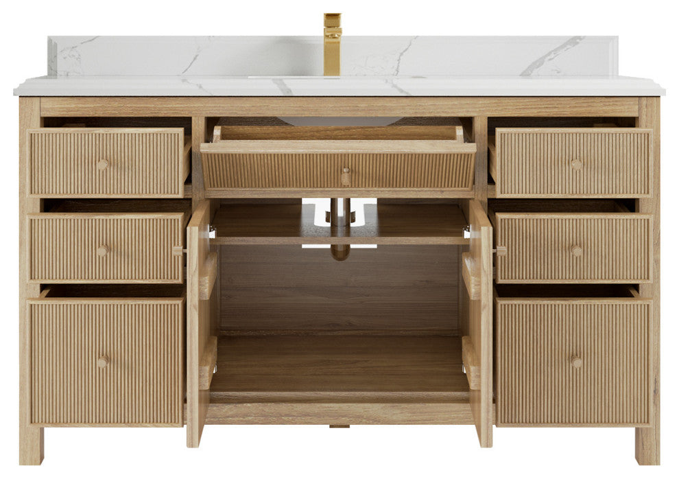 Sonoma 60 Single Bathroom Vanity in Light Natural Teak with 1.5" Calacatta Laza