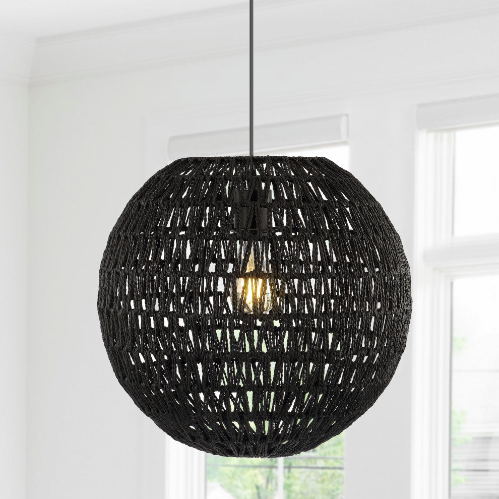 Luna 15.75" 1-Light Bohemian Modern Woven Rattan/Iron LED Pendant, Black