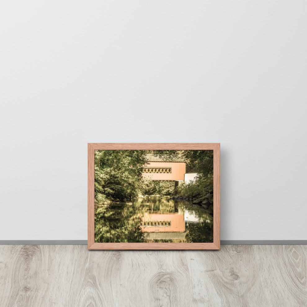 The Reflections of Wooddale Covered Bridge Aged Framed Photo Wall Art Print, Red Oak, 11" X 14"