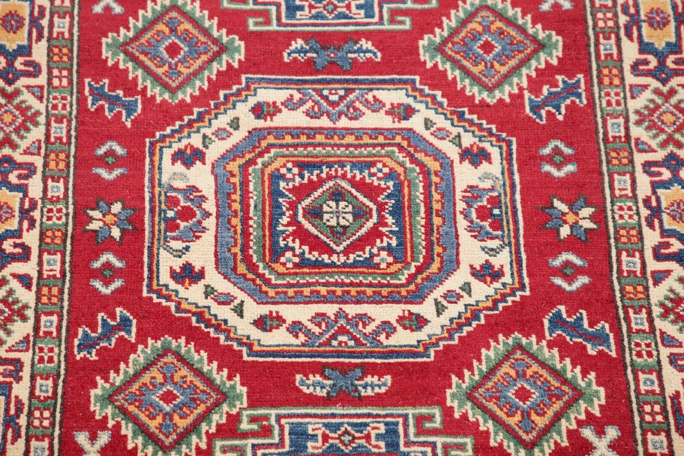Hand-Knotted Oriental Pakistani Kazak Traditional Area Rug Wool, Red, 5'1"X3'3"