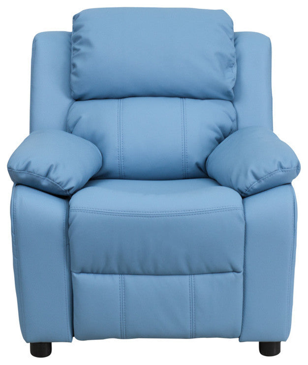 Deluxe Padded Contemporary Light Blue Vinyl Kids Recliner With Storage Arms