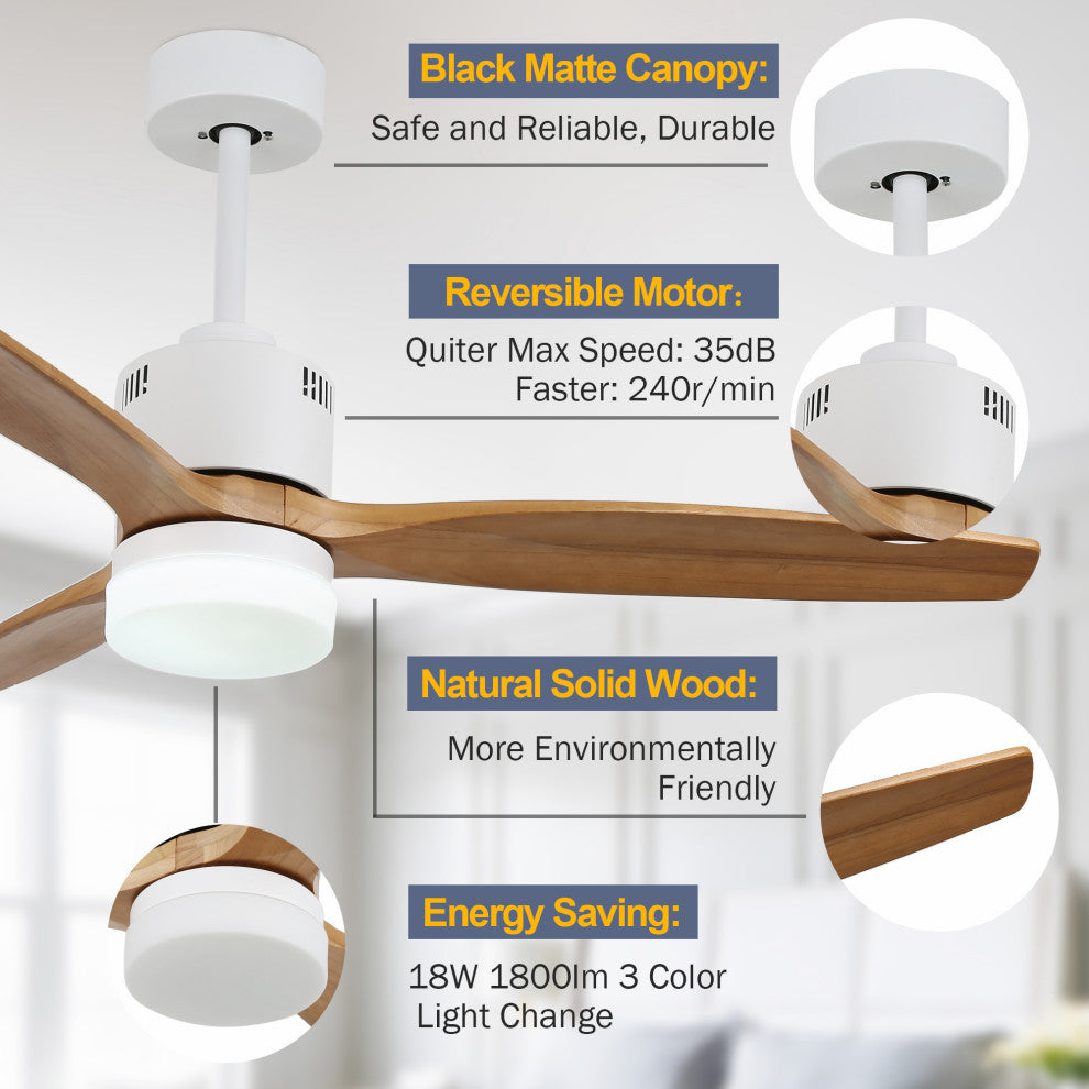 52" Reversible Wood Blades Ceiling Fan With Remote Control, 6 Speed
