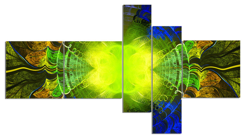 Green Golden Fractal Stained Glass, Abstract Canvas Art Print, 60"x32", 5 panels