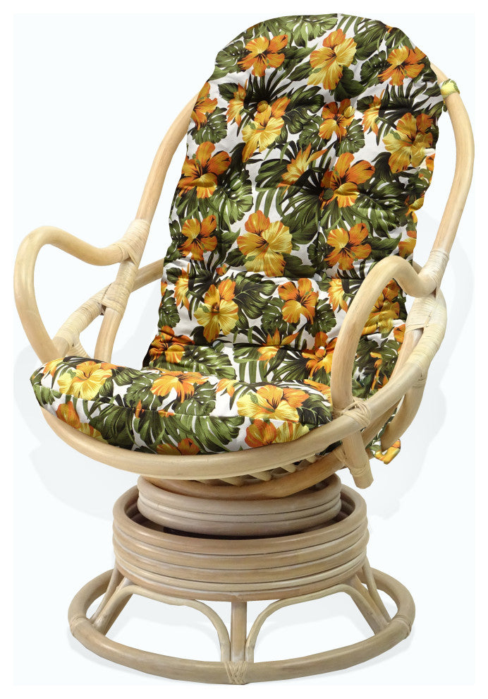 Java Lounge Swivel Rocking Chair Rattan Wicker, White Wash, Floral Cushion