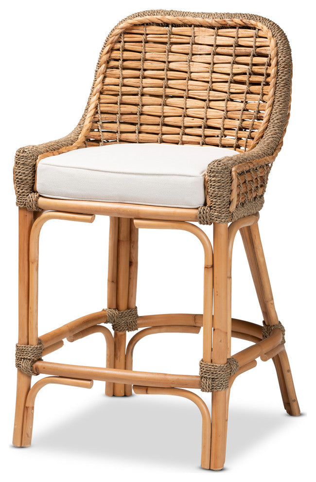 Kyle Modern Bohemian Natural Brown Woven Rattan Counter Stool with Cushion
