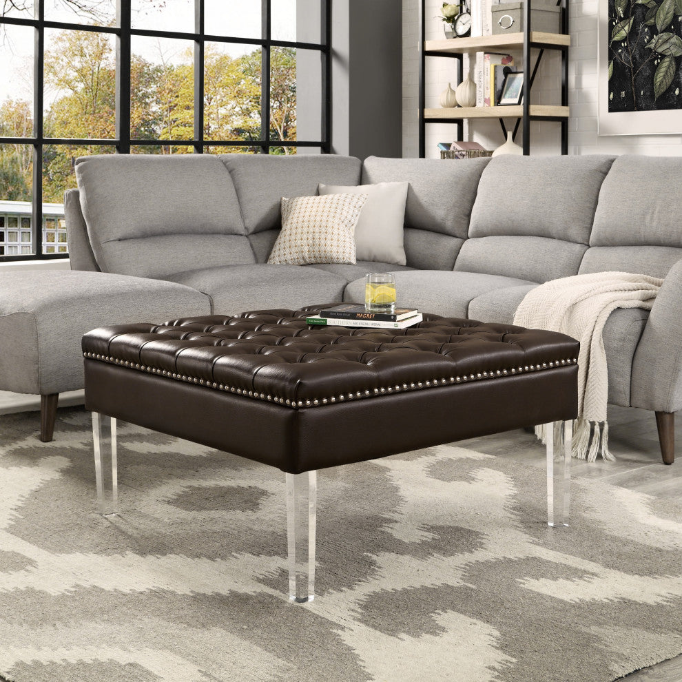 Fernanda PU Leather Tufted with Nailhead Trim  Acrylic Legs Ottoman, Espresso