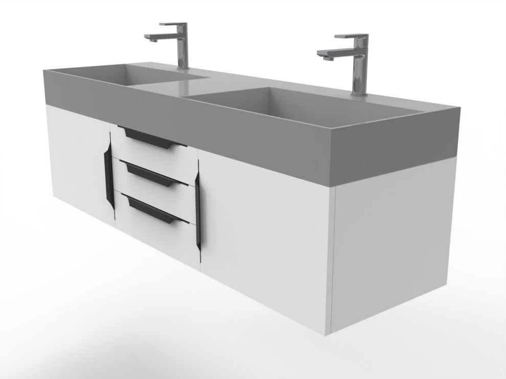 CastelloUSA Amazon 60" Wall Mounted Bathroom Vanity Set, White, Gray Top, Black Handles