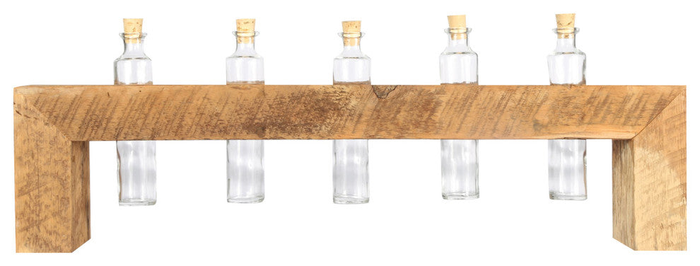 Glass Bud Vase Arrangement With Reclaimed Wood Holder, 5 Bottles
