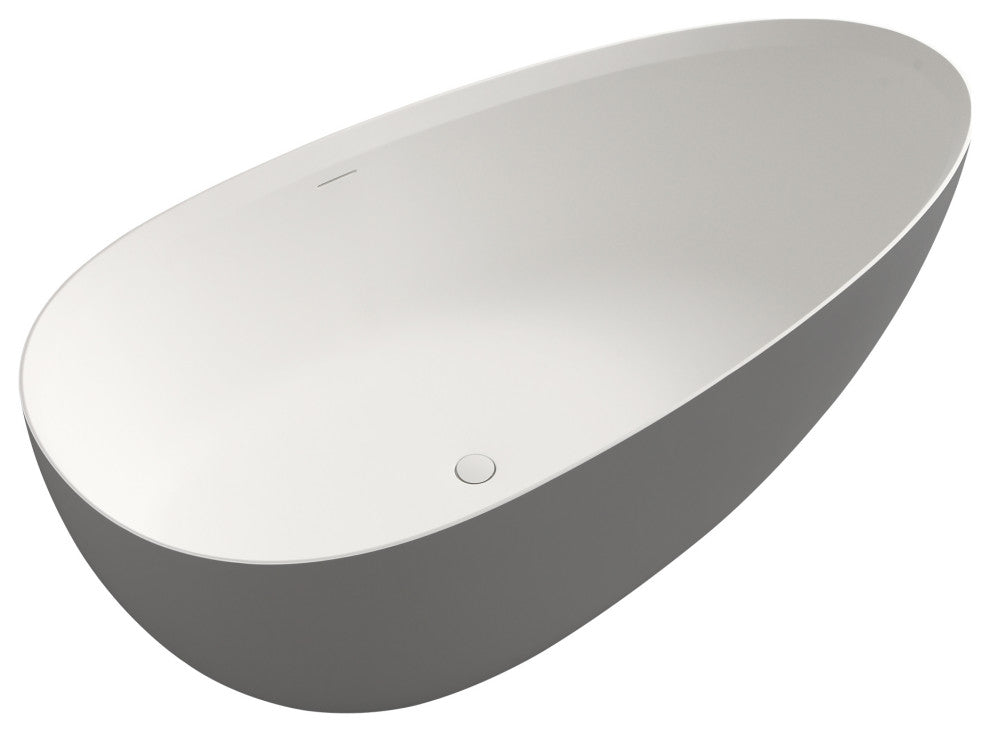 Solid Surface Freestanding Soaking Bathtub, Drain, White/gray