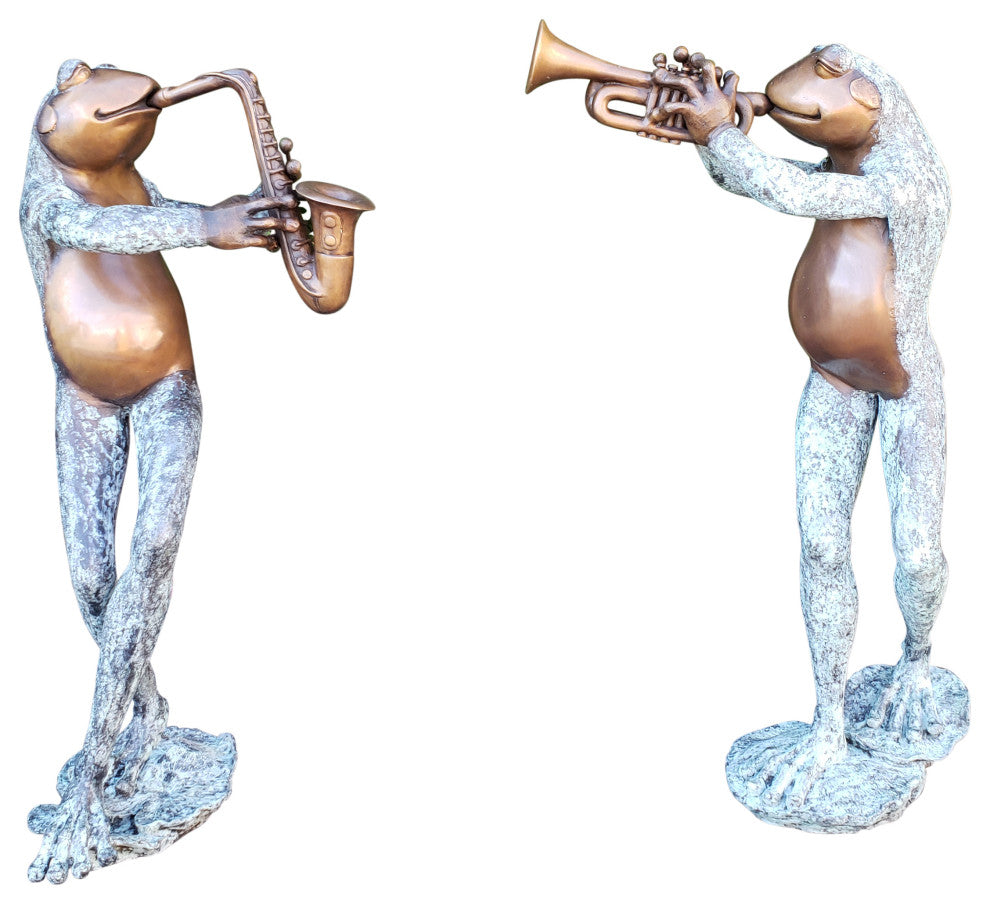 Pair of Musical Frogs Playing Instruments Bronze Statue Size: 16" x 13" x 33"H