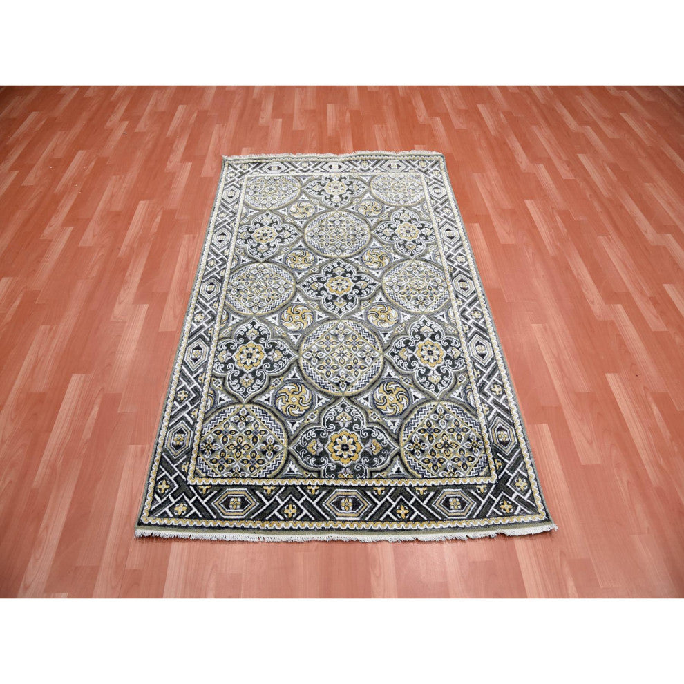 Taupe/Brown Textured Wool Silk Mughal Inspired Hand/Knotted Rug, 4'0"x6'2"