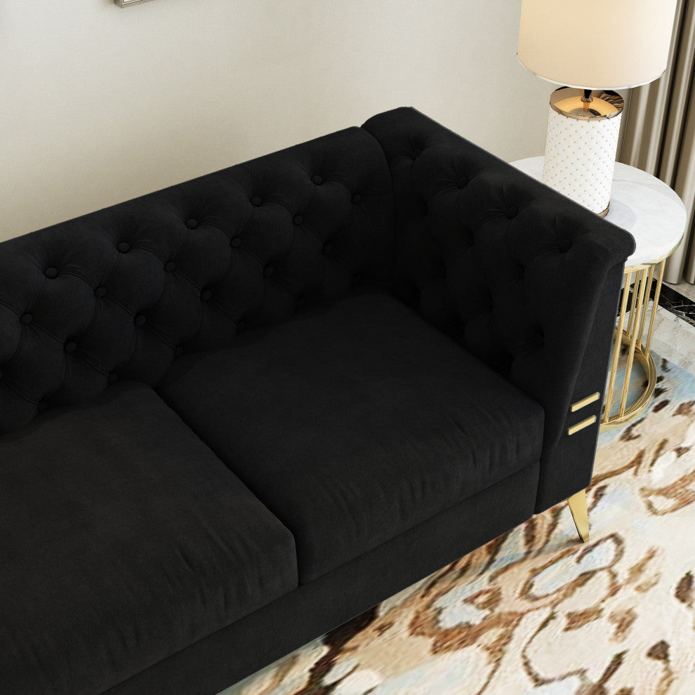 82.7'' Chesterfield Velvet Square Arm Sofa with Gold Leg, Black