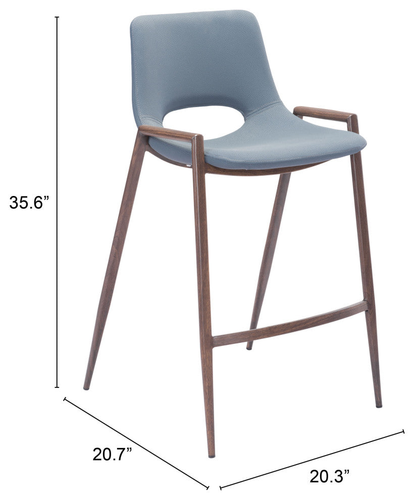Counter Stool Chair, Set of 2, Faux Vinyl Leather, Steel, Gray, Walnut
