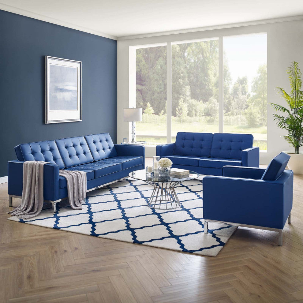 Tufted Armchair and Loveseat Sofa Set, Faux Leather, Silver Blue Navy, Modern