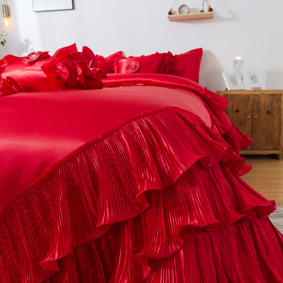 Red Rose Satin Ruffle Floral Romantic Victorian Comforter Bedding Set, Queen