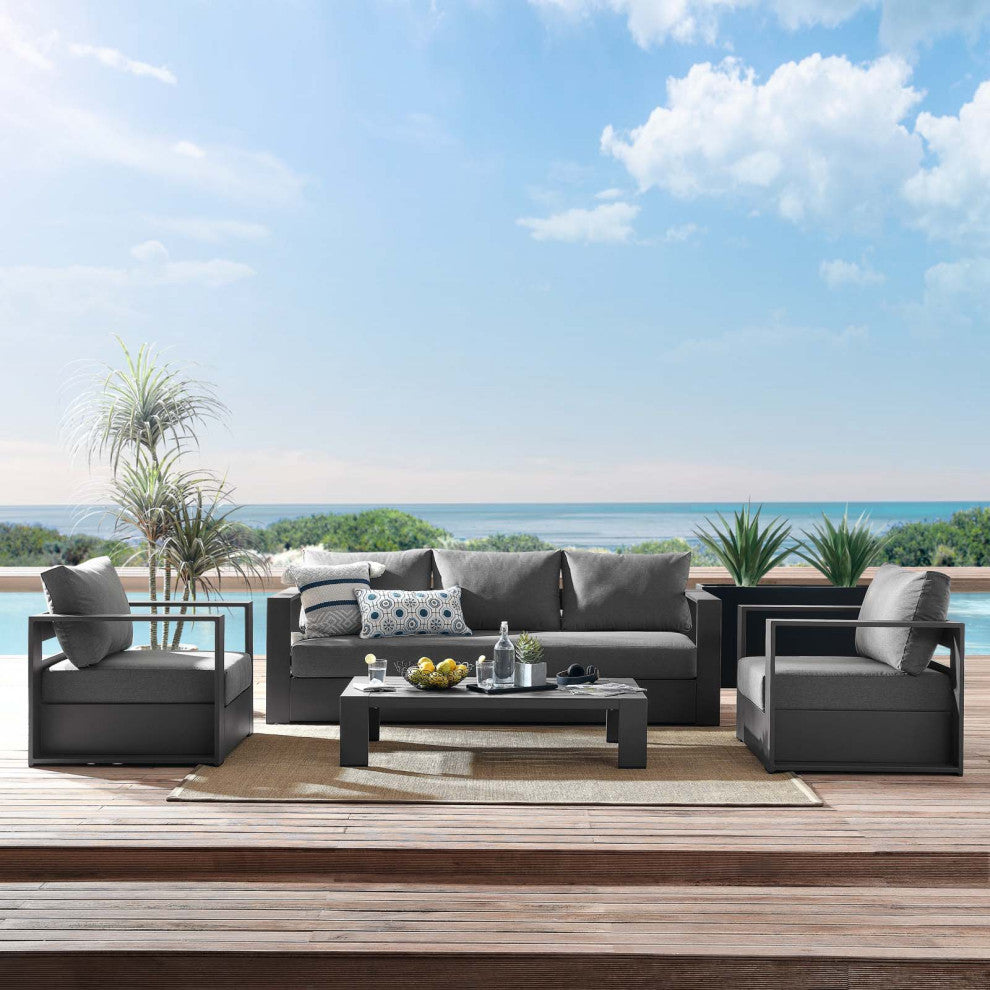 Lounge Sectional Sofa Chair Table Set, Gray, Aluminum, Modern, Outdoor