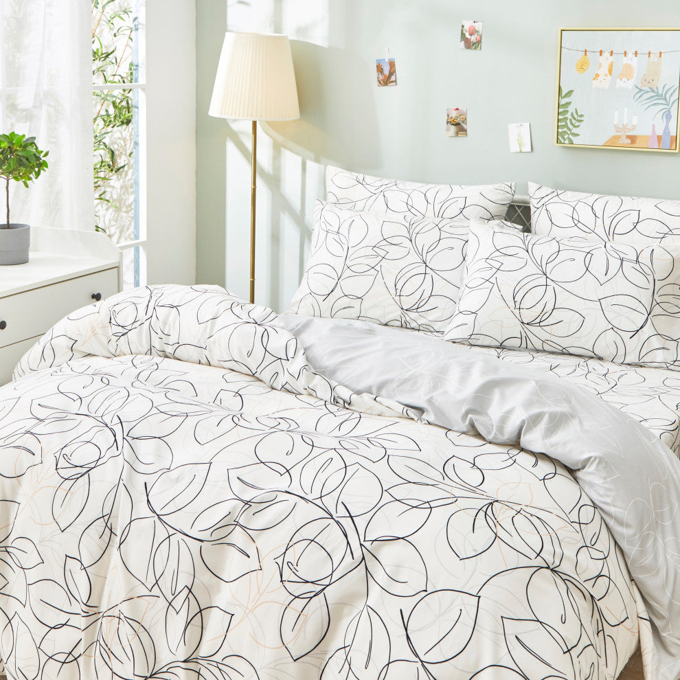 Tache Modern Leaf Foliage Abstract White Grey Black Reversible Duvet Cover, Cal