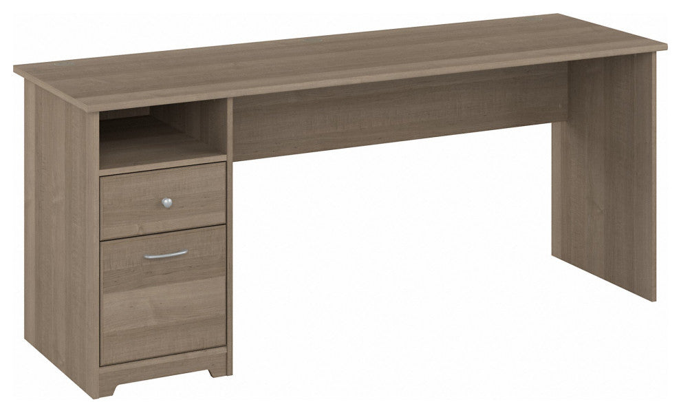 Transitional Desk, Large Rectangular Top With Open Shelf & Drawers, Ash Gray