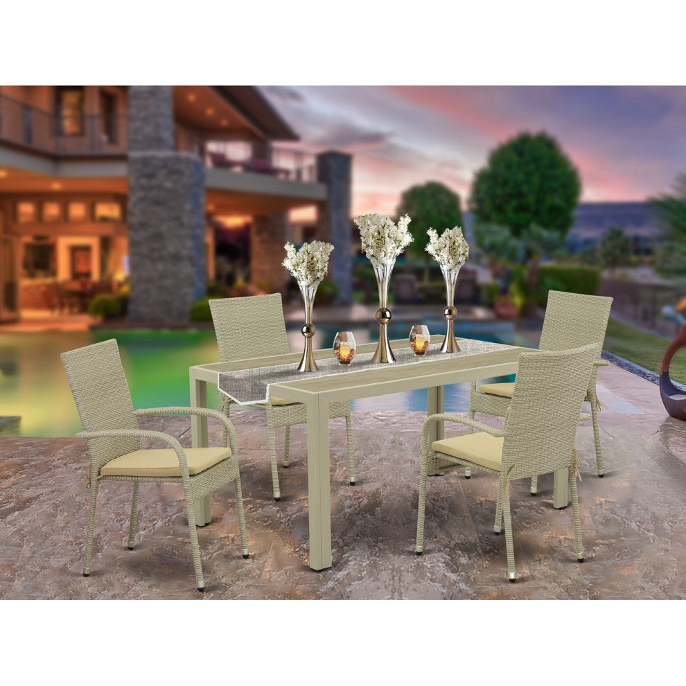 5Pc Outdoor- Natural Color Wicker Dining Set, Patio Table, 4 Armchair
