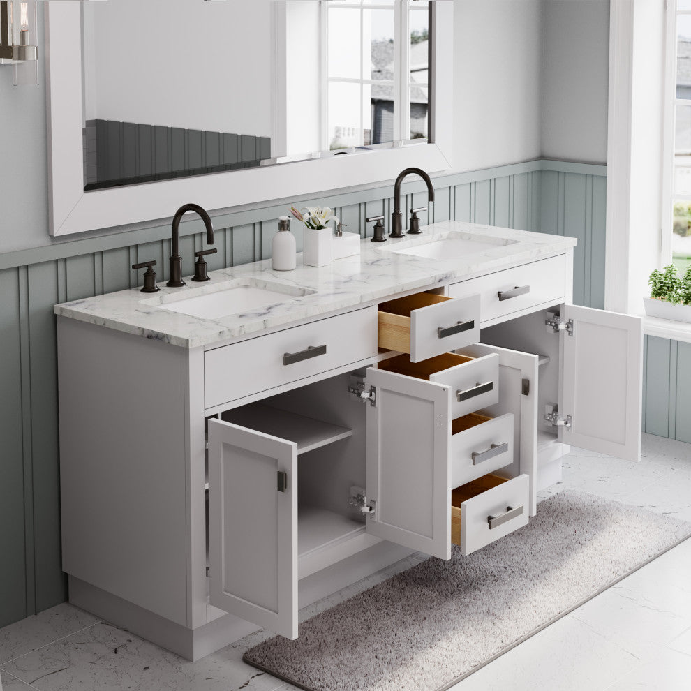 Hartford 72" Double Sink Marble Countertop Bath Vanity, White, Vanity With Goose