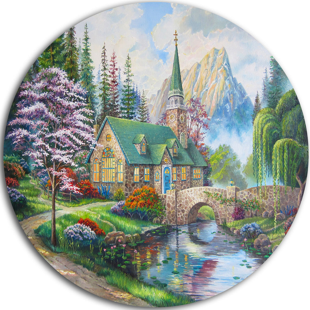 Church In Forest Oil, Landscape Disc Metal Wall Art, 11"