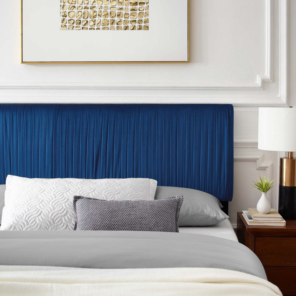 Platform Bed Frame, Queen Size, Velvet, Blue Navy, Modern Contemporary, Bedroom