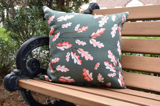 Wild Oak Leaves Floral Print Outdoor Decorative Throw Pillow, Dark Green, 16"
