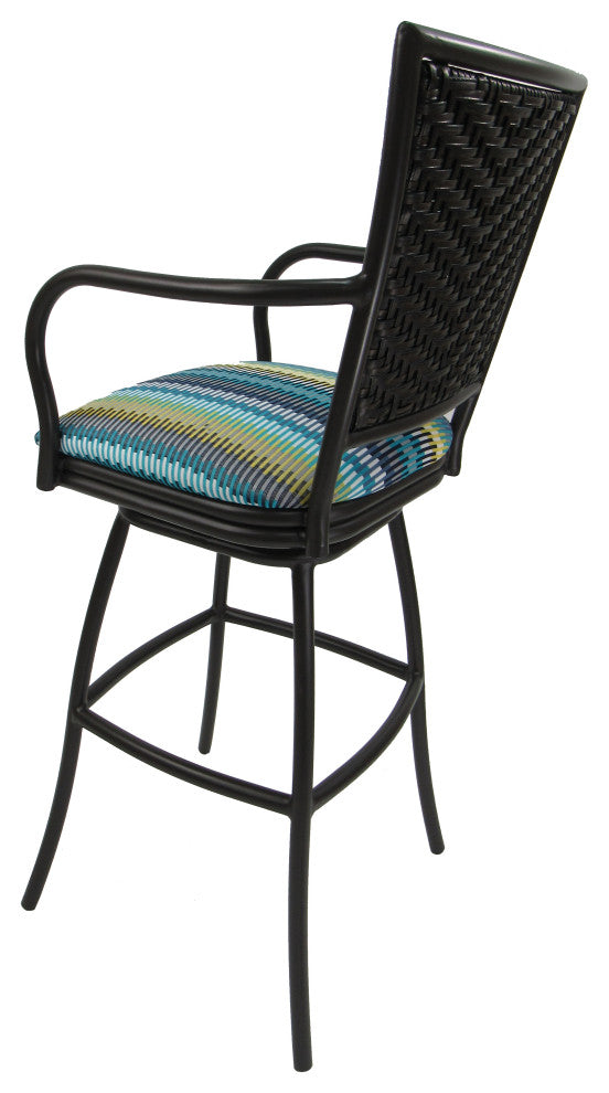 Set of 3, Outdoor/Indoor Swivel Bar Stools Erin, Aqua Sun Stripe on Black, 30"