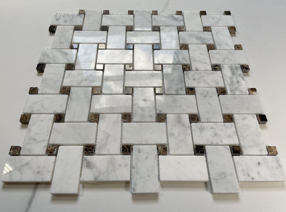 White Carrera Marble Basketweave Mosaic Tile Brown Dots Polished, 1 sheet