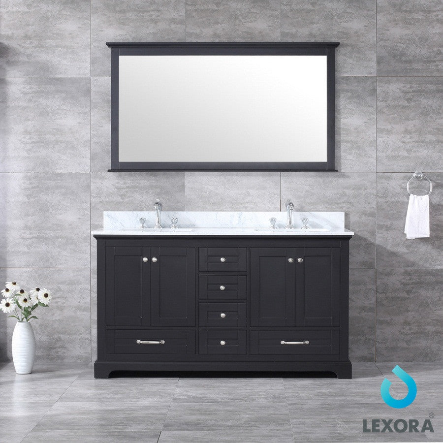 Dukes 60" Espresso Double Vanity Carrara Marble Top Sinks, 58" Wall Mirror