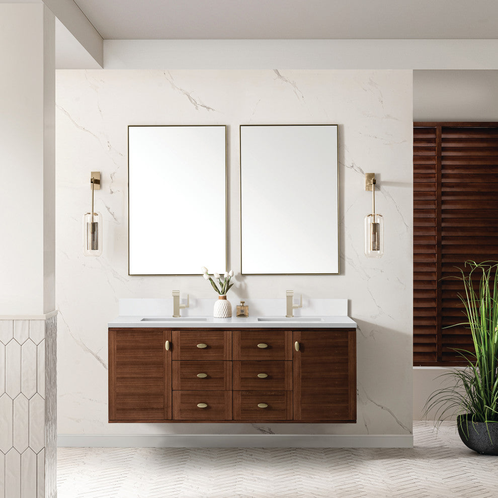 Amberly 30" Single Vanity, Mid-Century Walnut, 60", White Zeus, Single-Hole