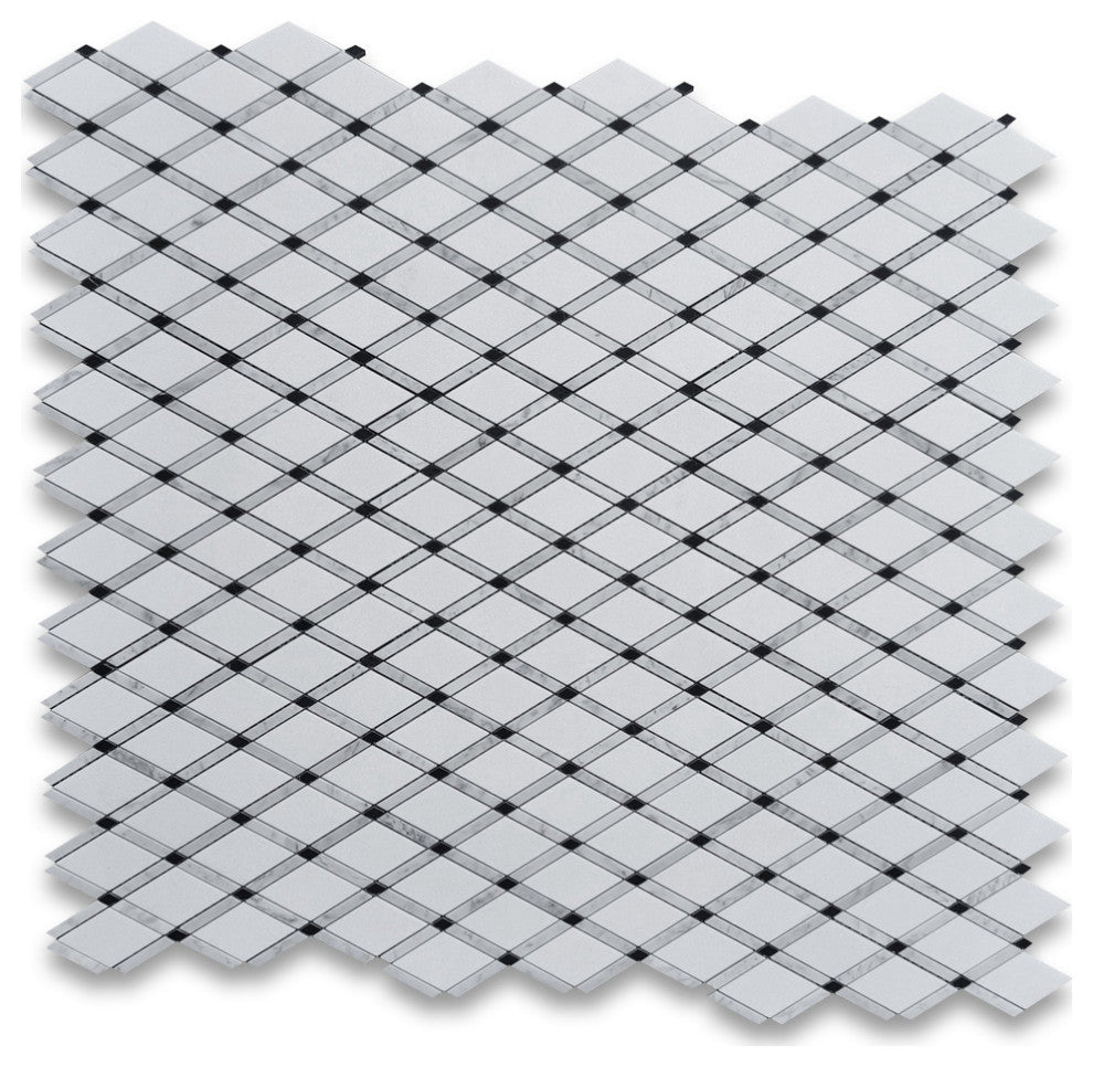 Thassos White Marble Diamond Lattice Mosaic Tile White Marquina Black, 1 sheet