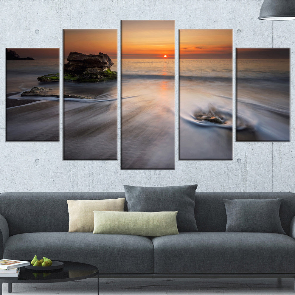 "Stormy Sea With Rushing White Waves" Beach Canvas Wall Art, 5 Panels, 60"x32"