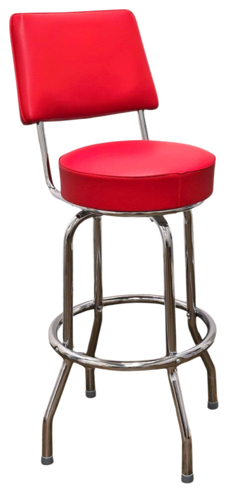 Retro Home Single Ring Upholstered 30" Swivel Bar Stool with Back, Red